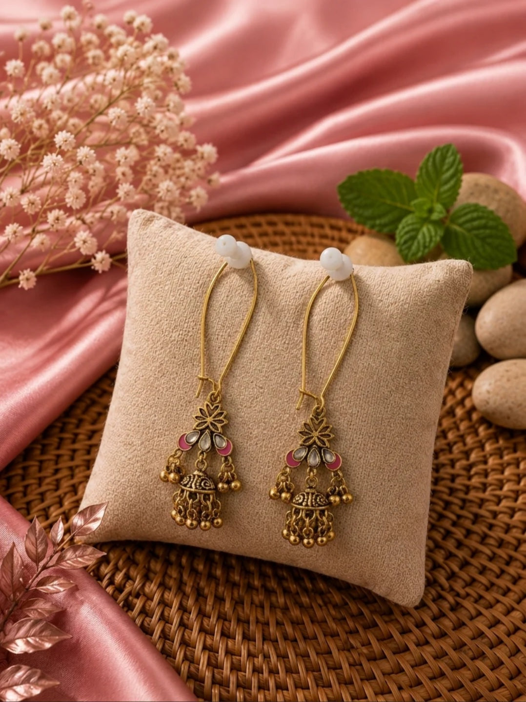 The Lotus Leaf Wire Dangles An Antique Gold/Silver Plated Earring Pink