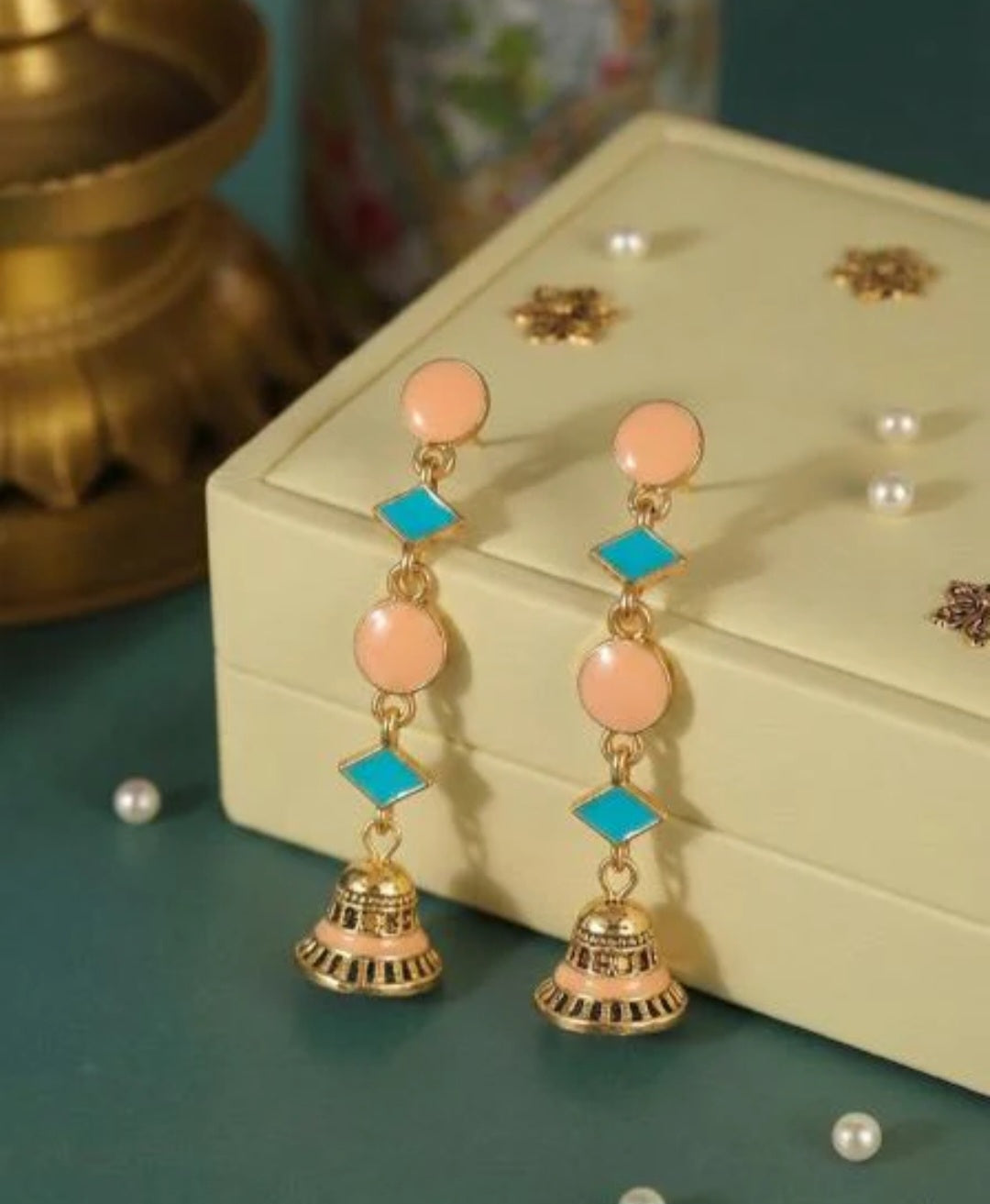 The Linear Geo-Drop Jhumkas An Antique Gold Plated Dual Coloured Enamel Earring | AD014