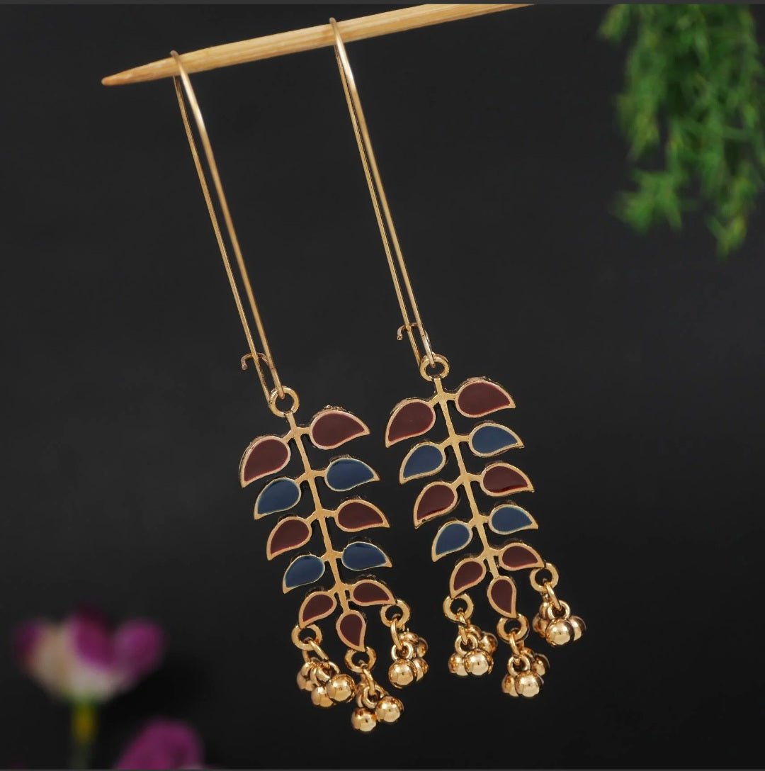 Leaf-Branch Long Wire Dangles Gold Plated Dual Coloured Enamel Earring | A6659