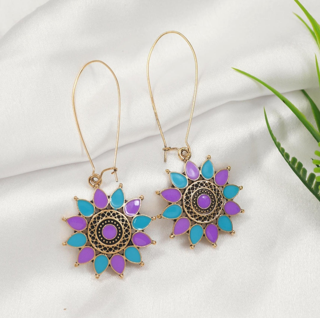 Radiant Petal Mandala Antique Gold Plated Dual Coloured Enamel Earring | A6575