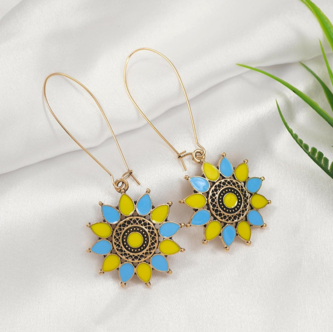 Radiant Petal Mandala Antique Gold Plated Dual Coloured Enamel Earring | A6575