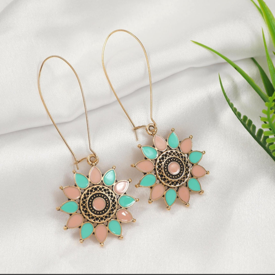 Radiant Petal Mandala Antique Gold Plated Dual Coloured Enamel Earring | A6575