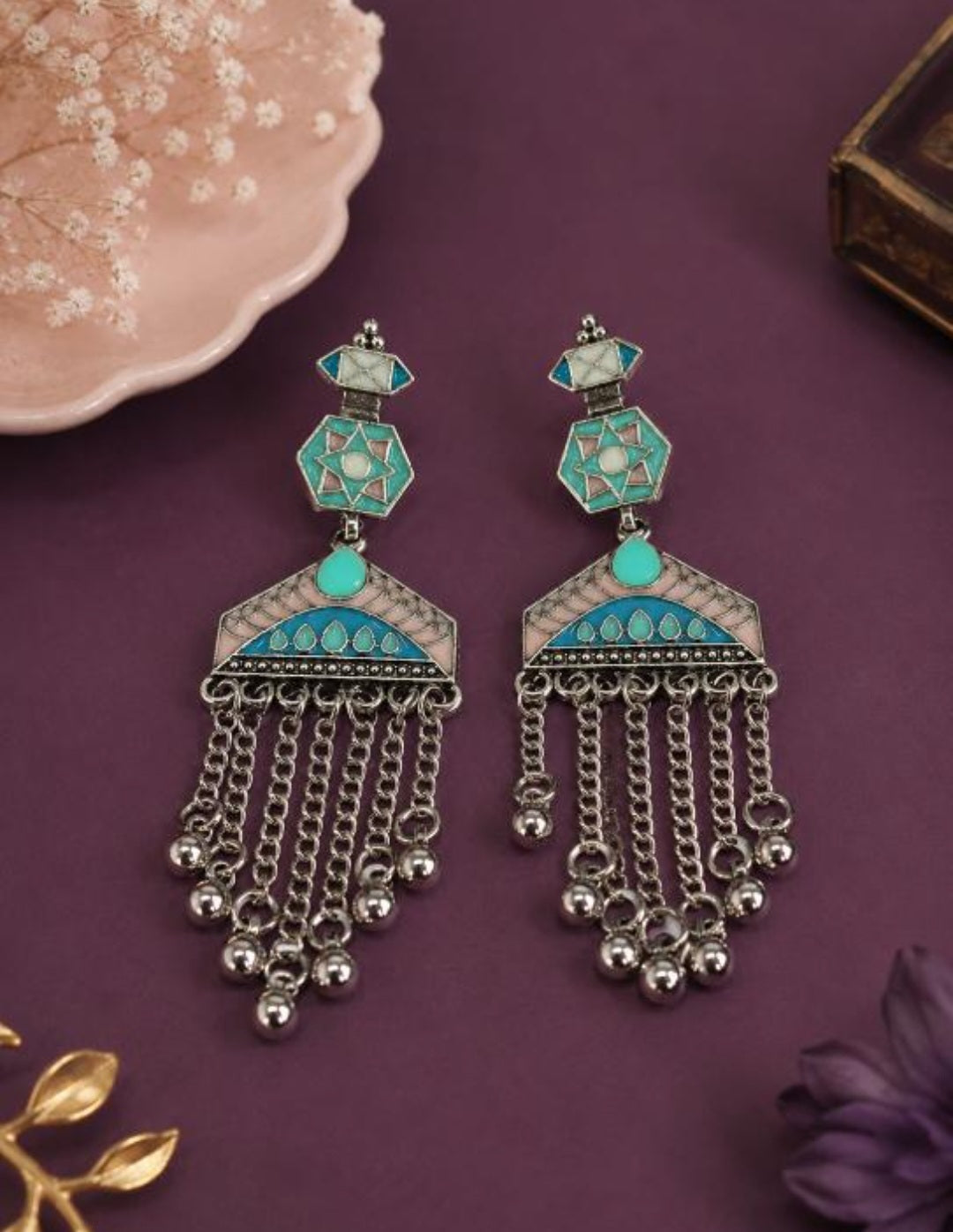 The Geometric Chandelier Cascades An Antique Gold/Silver Plated Dual Coloured Enamel Dangler | AD6818
