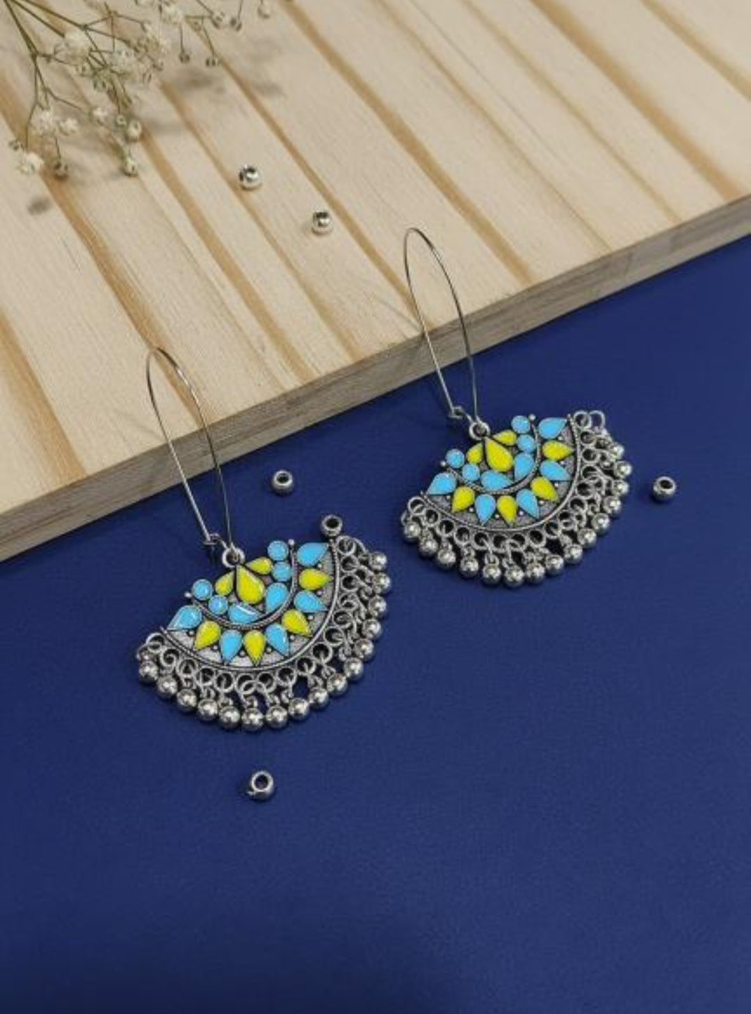 Antique Silver Plated Yellow Blue Coloured Enamel Dangler Earring