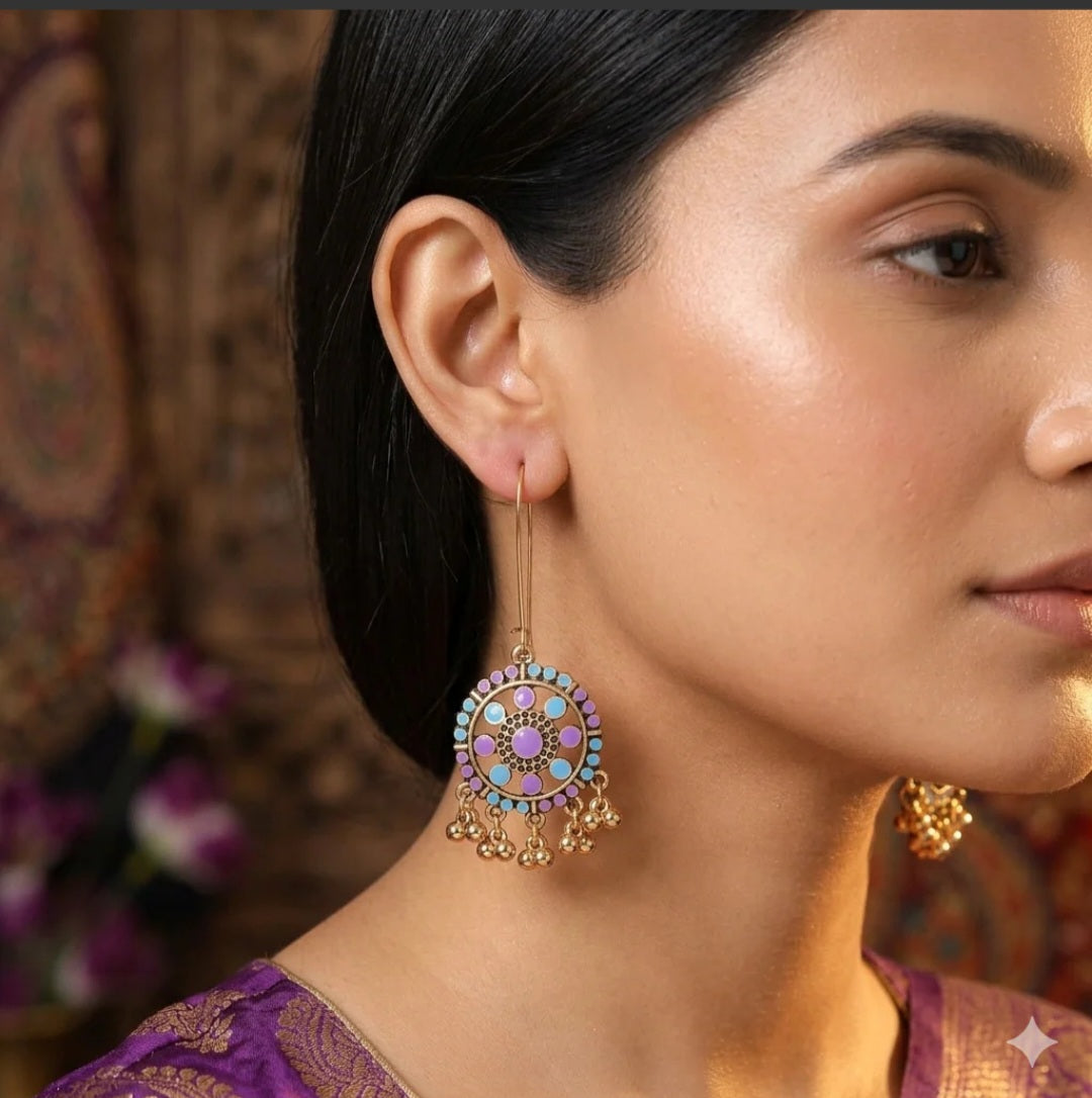 Gold Plated Long Hook Closure Hanging Floral Dual Colored Enamel Artwork With Beads Fashion Antique Earring