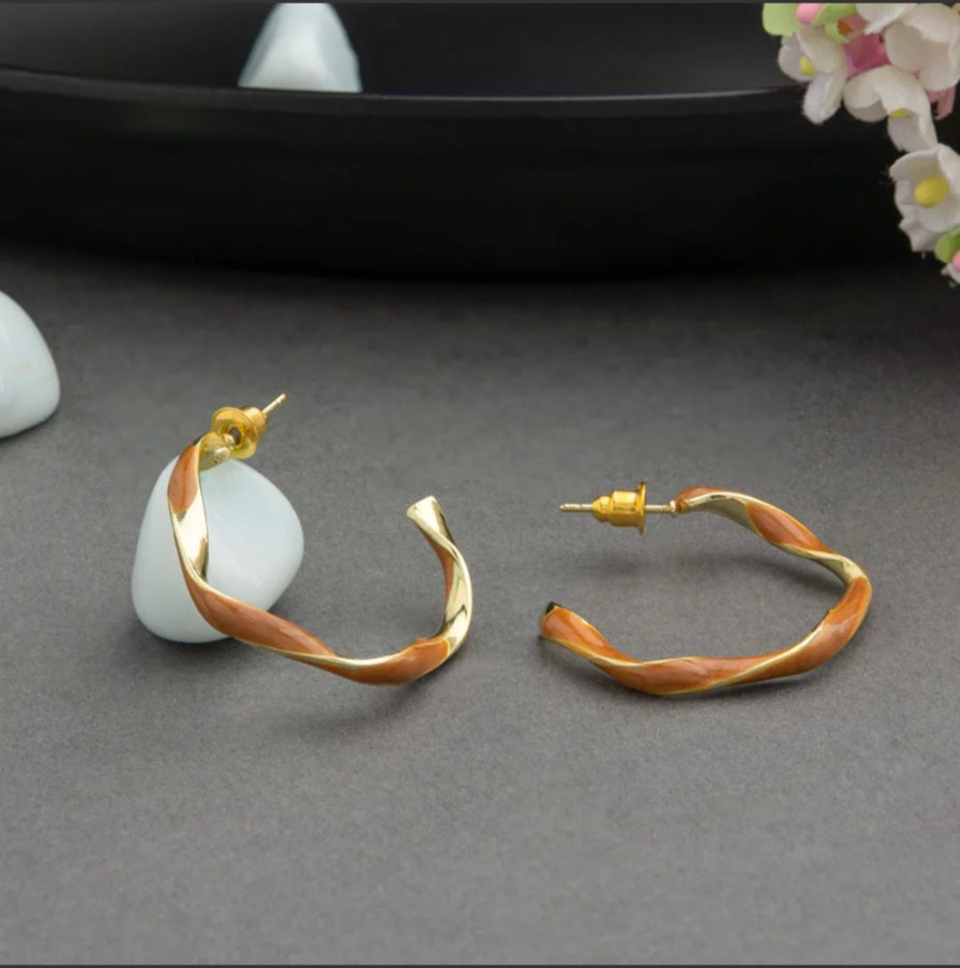 Gold Plated Open Circle Twisted Style Enamel Artwork Fashion Hoops Earring