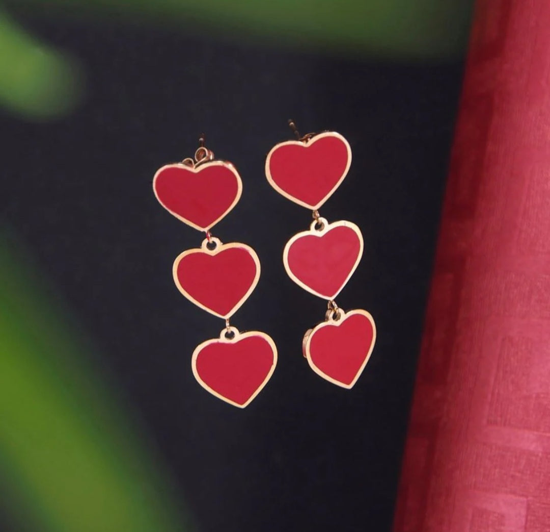 Stainless Steel Rosegold Plated Three Red Hearts Dangle Earring