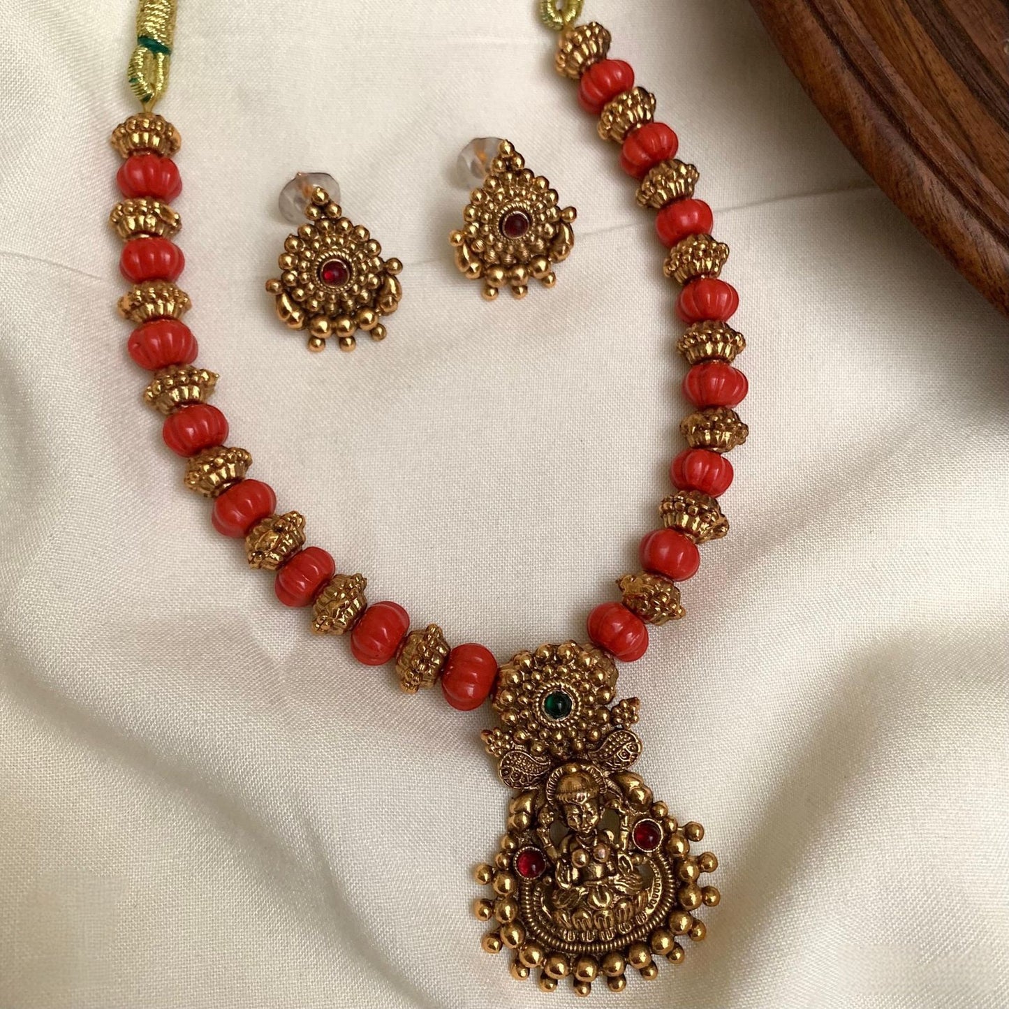 Coral Beaded Lakshmi Necklace