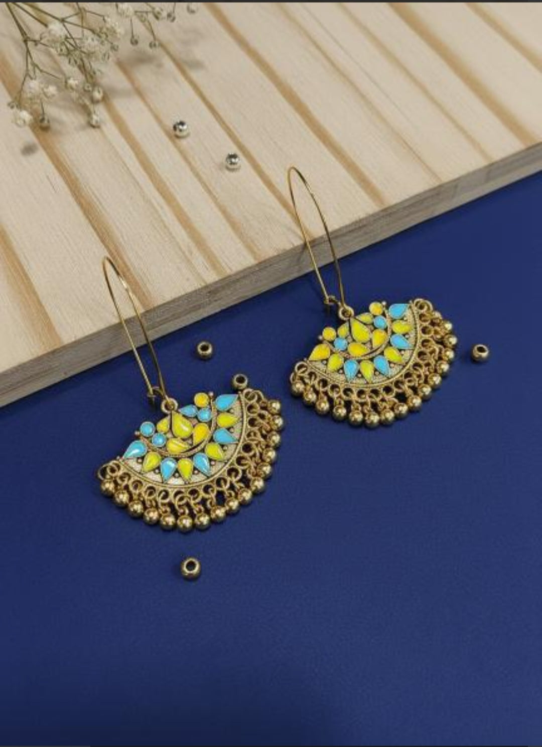 Antique Gold Plated Yellow Blue Coloured Enamel Dangler Earring