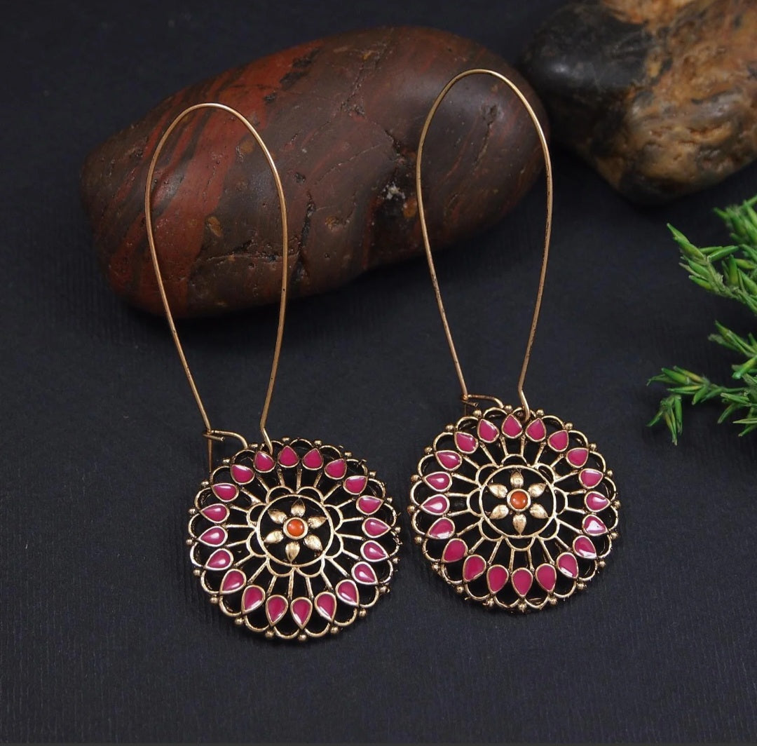 Mandala Bloom Hook Antique Gold Plated Enamel Dangler Earring | AD6585