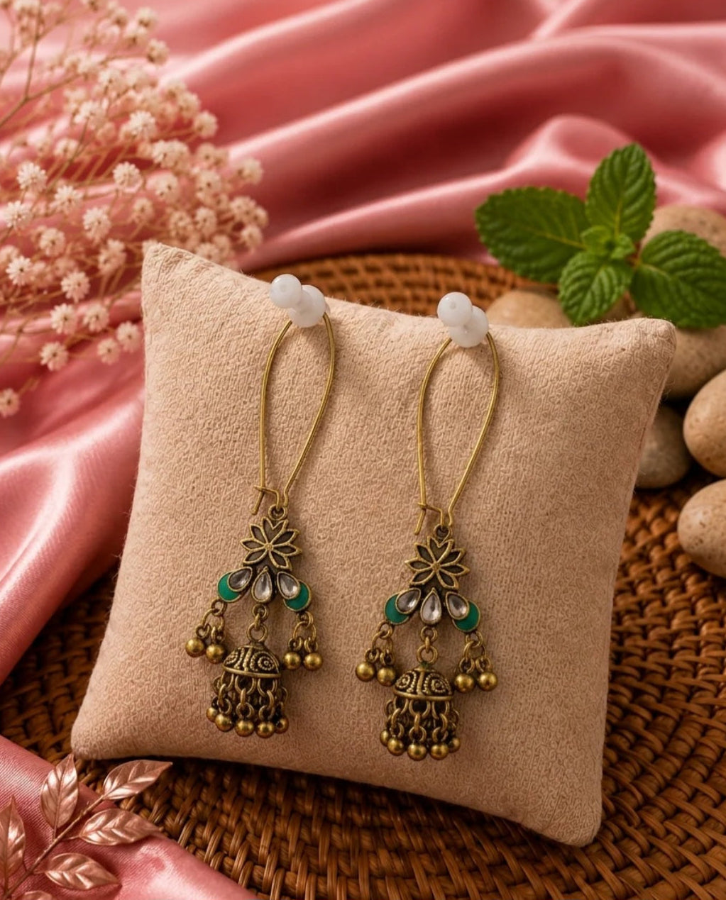 The Lotus Leaf Wire Dangles An Antique Gold Plated Earring Green