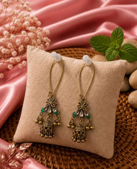 The Lotus Leaf Wire Dangles An Antique Gold Plated Earring Green | AD01
