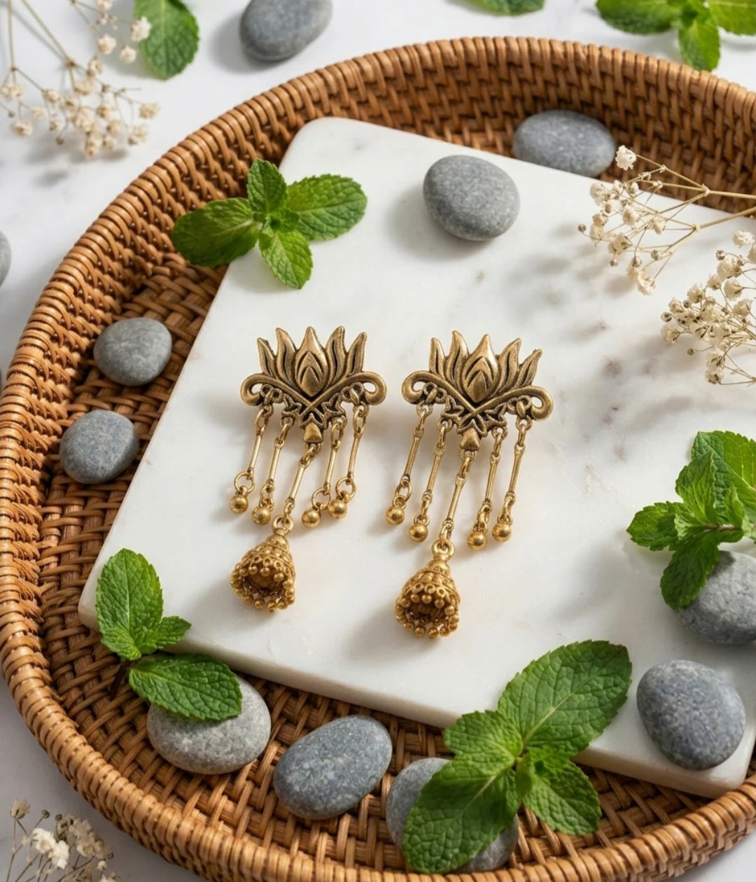 The Lotus Chandelier Antique Gold Plated Earring