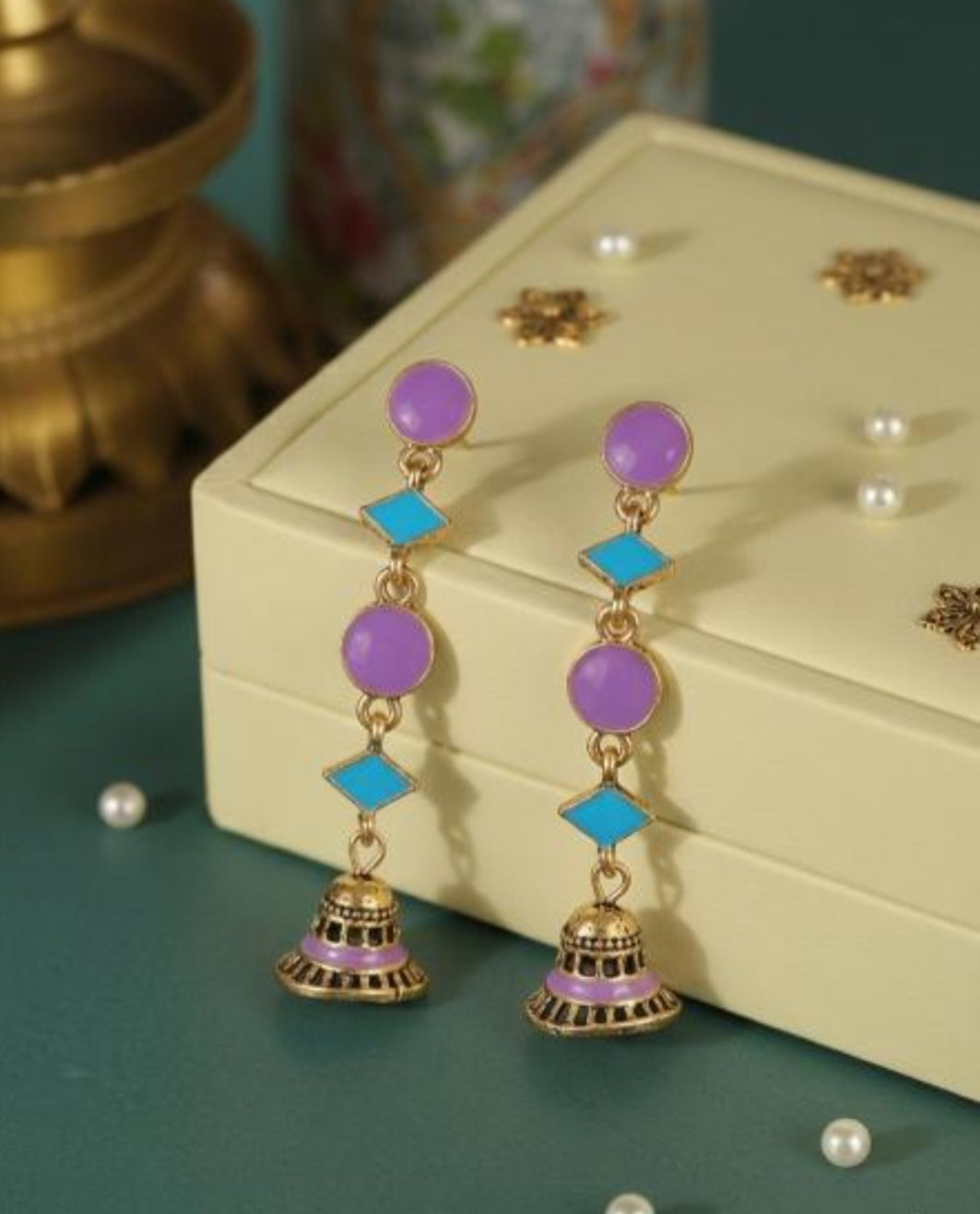 The Linear Geo-Drop Jhumkas An Antique Gold Plated Dual Coloured Enamel Earring | AD014
