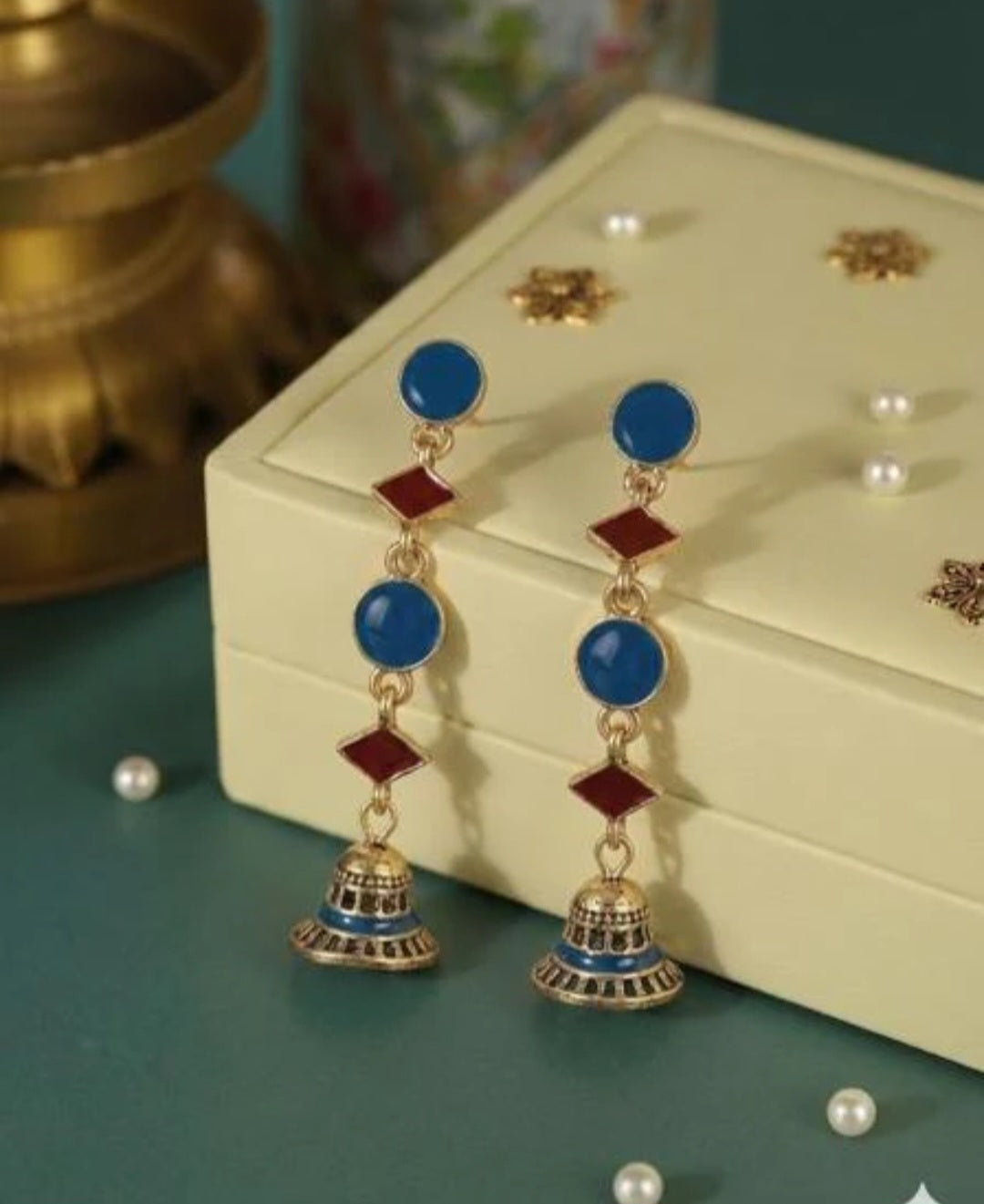 The Linear Geo-Drop Jhumkas An Antique Gold Plated Dual Coloured Enamel Earring | AD014