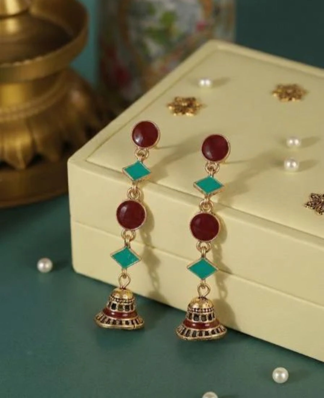The Linear Geo-Drop Jhumkas An Antique Gold Plated Dual Coloured Enamel Earring | AD014