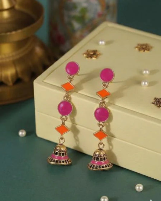 The Linear Geo-Drop Jhumkas An Antique Gold Plated Dual Coloured Enamel Earring | AD014
