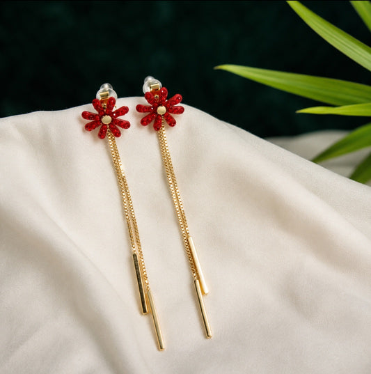 Korean Gold Plated Red Coloured Floral Chain Earring | AD042