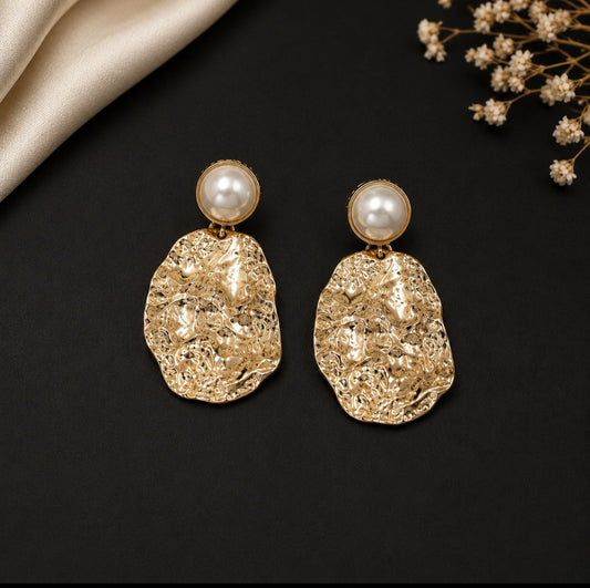Pearl Textured Gold Statement Earrings | AD044