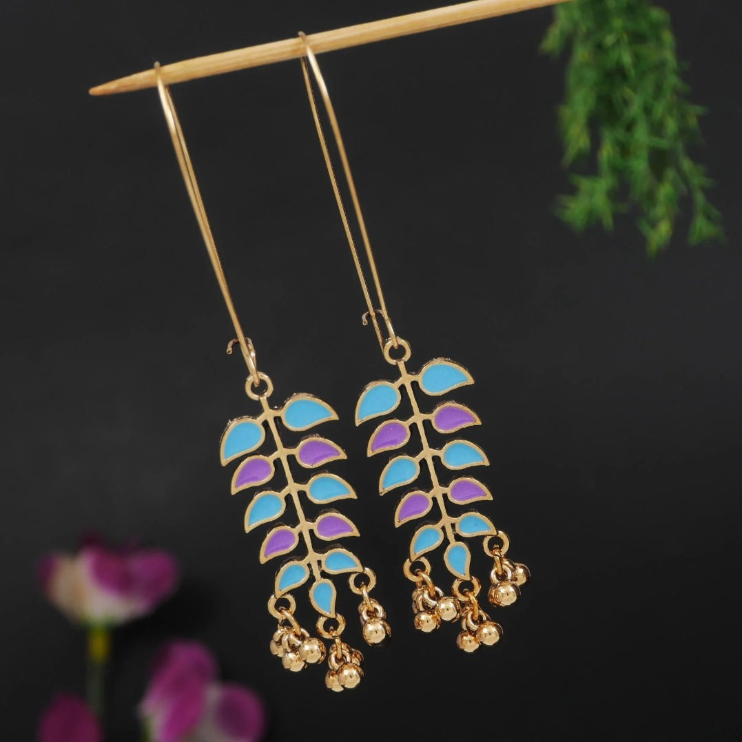 Leaf-Branch Long Wire Dangles Gold Plated Dual Coloured Enamel Earring | A6659