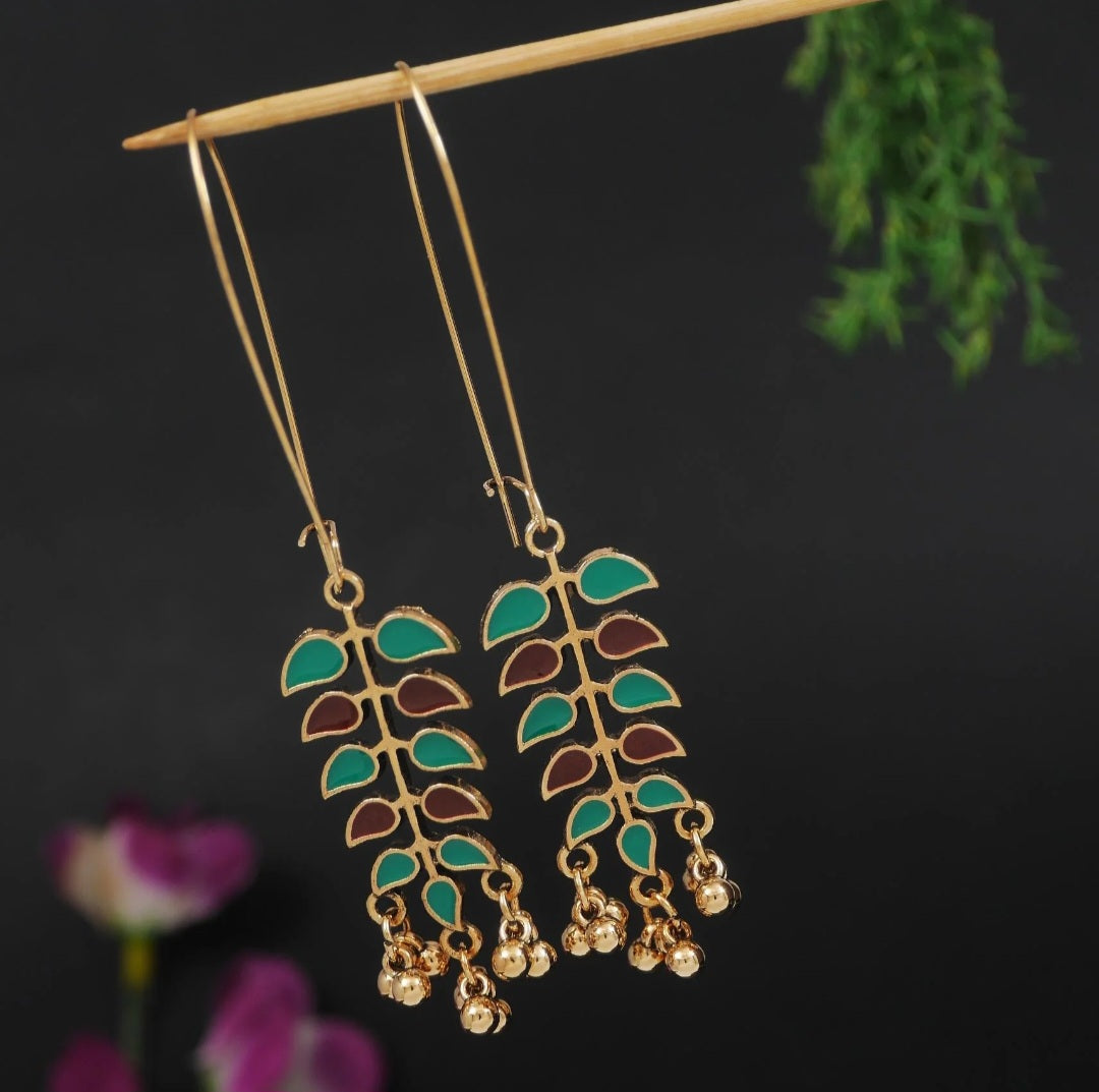 Leaf-Branch Long Wire Dangles Gold Plated Dual Coloured Enamel Earring | A6659