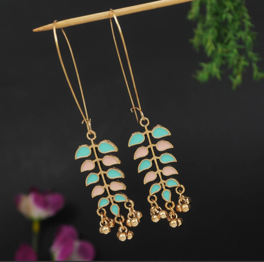 Leaf-Branch Long Wire Dangles Gold Plated Dual Coloured Enamel Earring | A6659