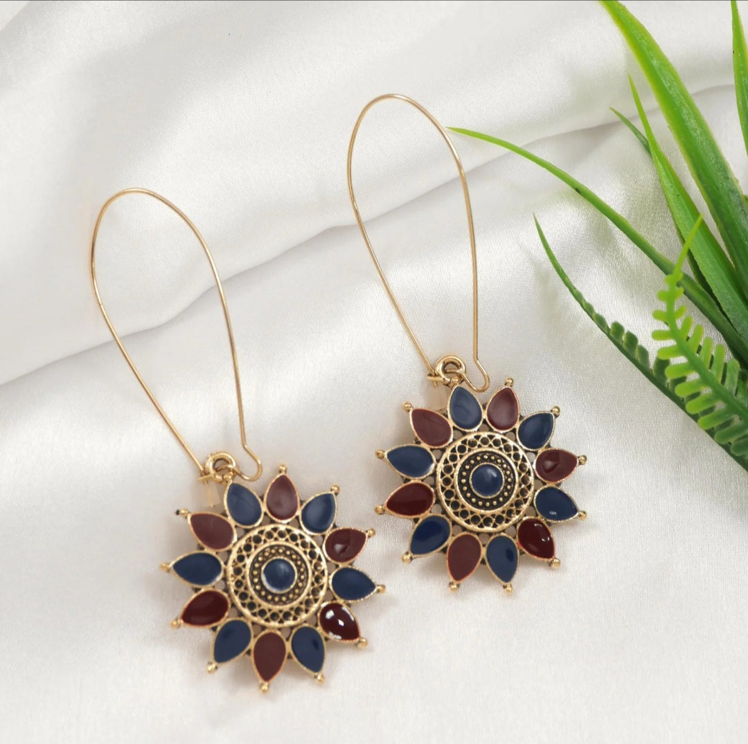 Radiant Petal Mandala Antique Gold Plated Dual Coloured Enamel Earring | A6575