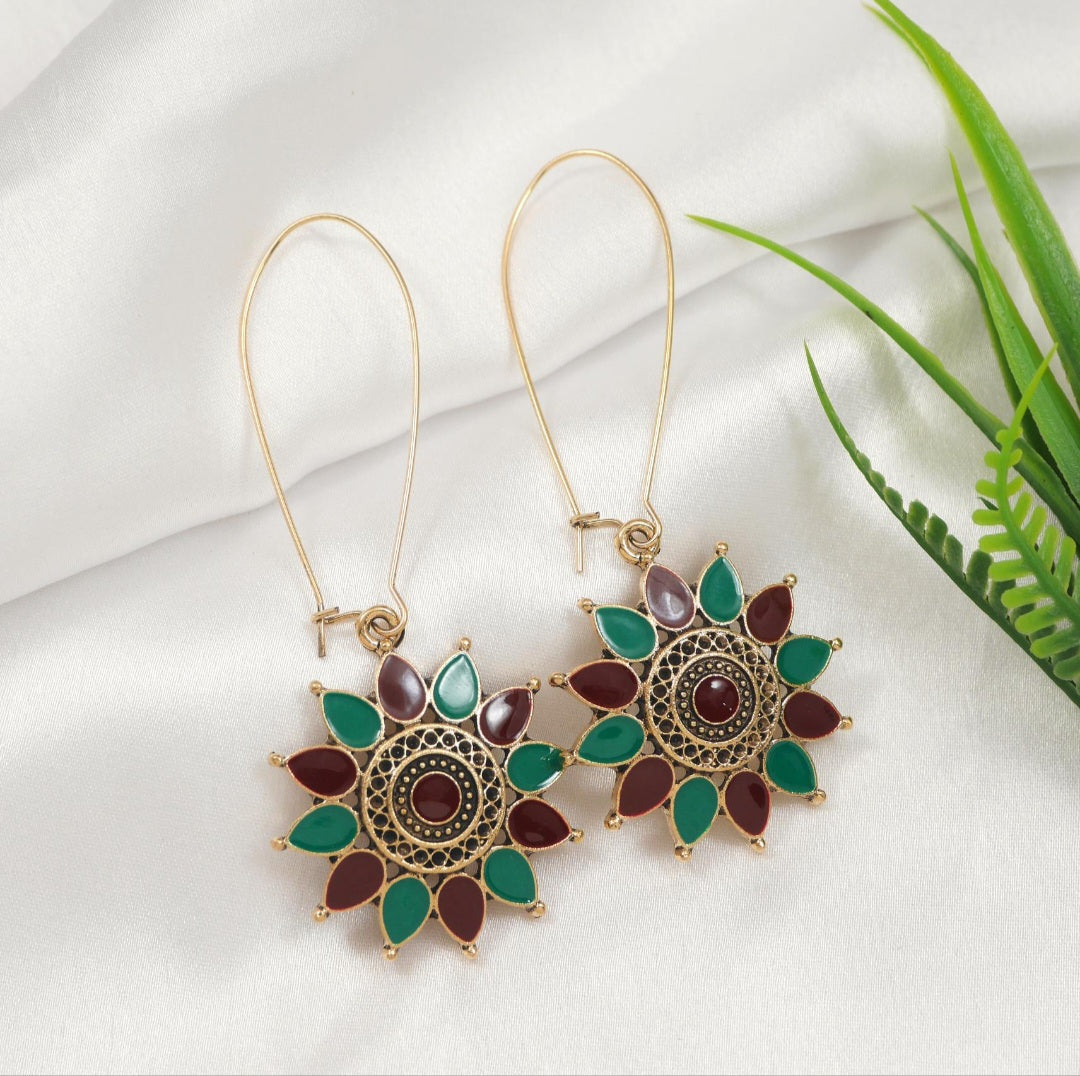 Radiant Petal Mandala Antique Gold Plated Dual Coloured Enamel Earring | A6575