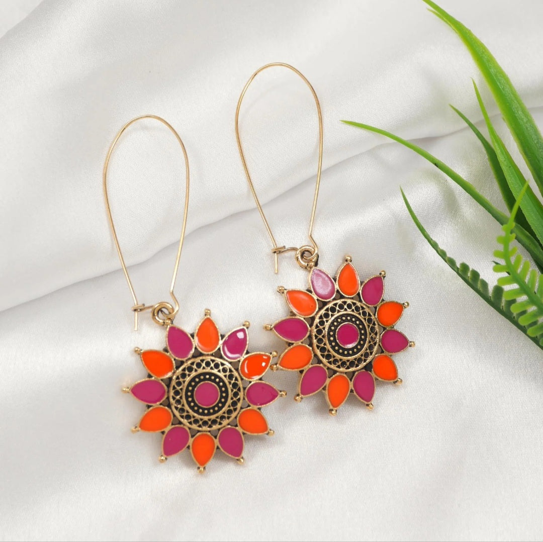 Radiant Petal Mandala Antique Gold Plated Dual Coloured Enamel Earring | A6575
