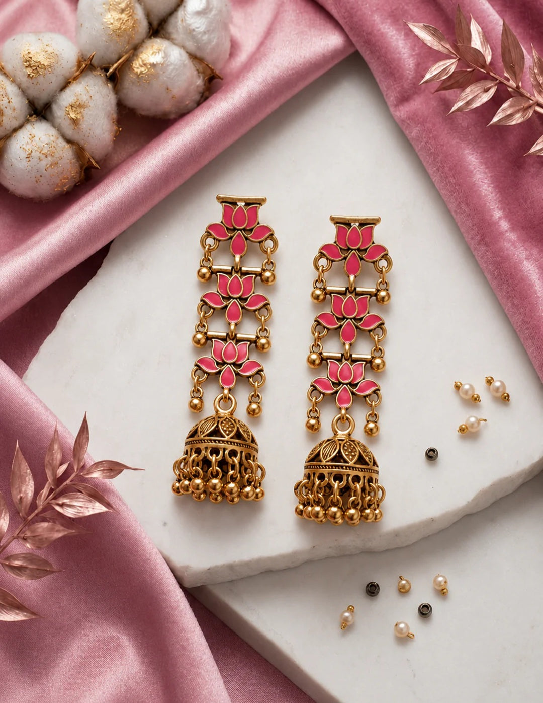 The Tiered Blossom Chandeliers An Antique Gold Plated Earring Pink