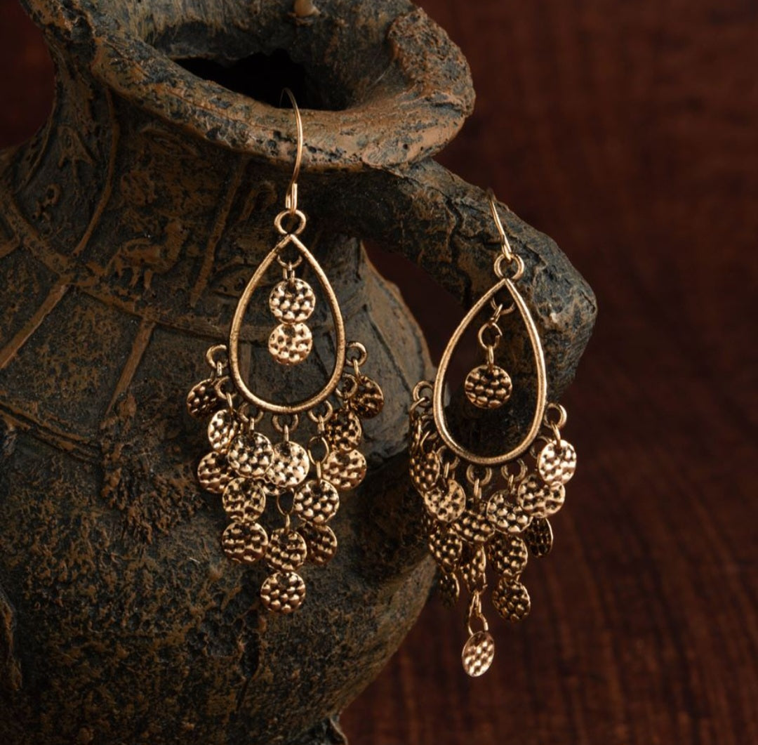 Gold Plated Tear Drop Shaped With Hanging Charms Drop Earring
