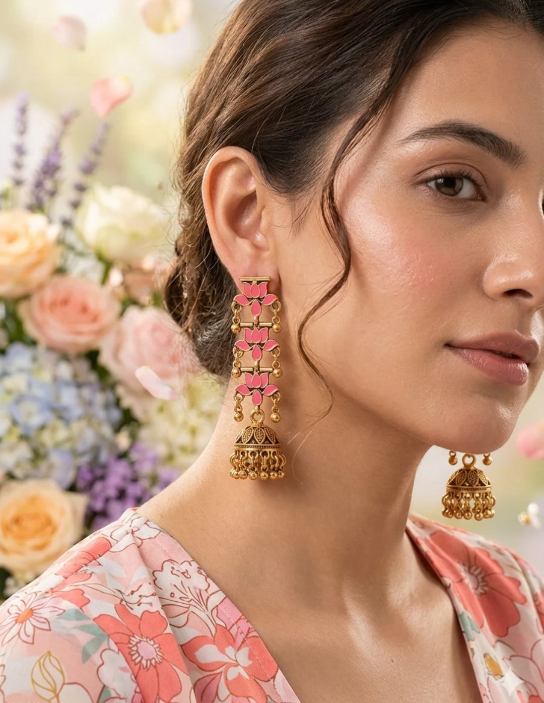 The Tiered Blossom Chandeliers An Antique Gold Plated Earring Pink
