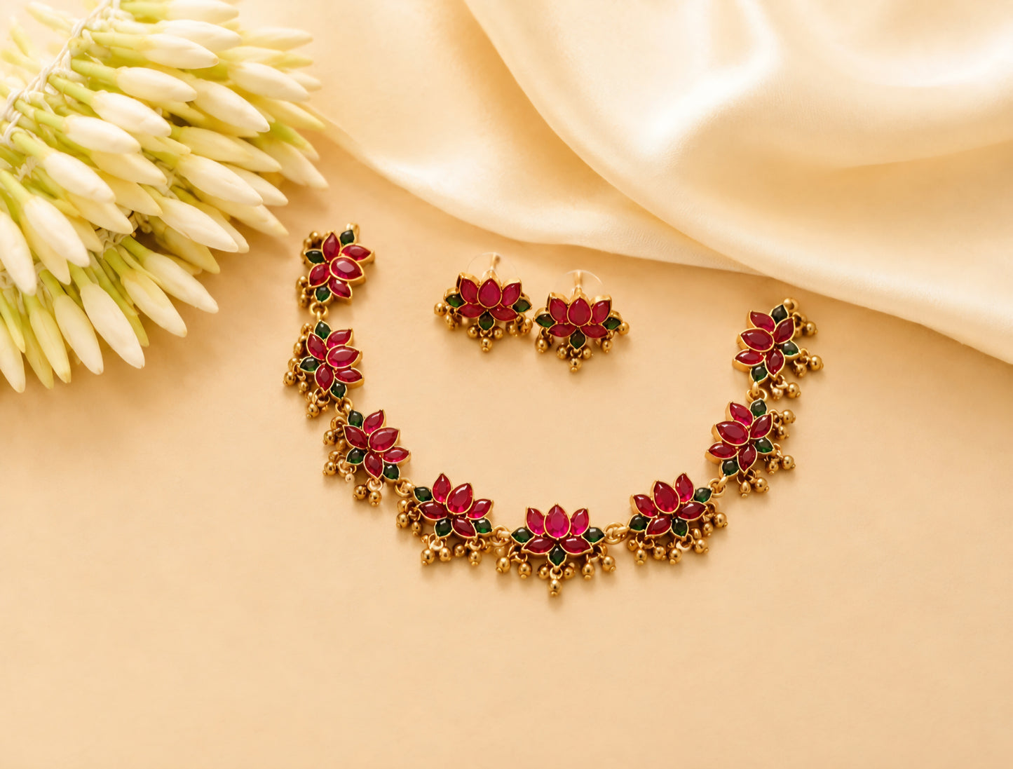 Golden Beaded Lotus Necklace – Traditional Indian Jewellery
