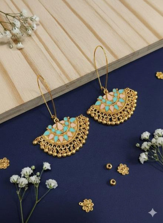 Antique Gold Plated Peach Blue Coloured Enamel Dangler Earring