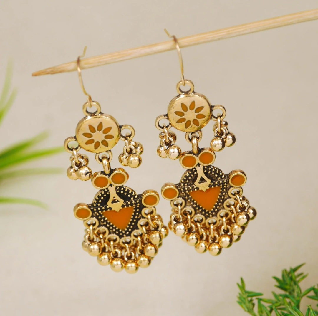 Antique Gold Plated  orange yellow Coloured Enamel Dangler Earring