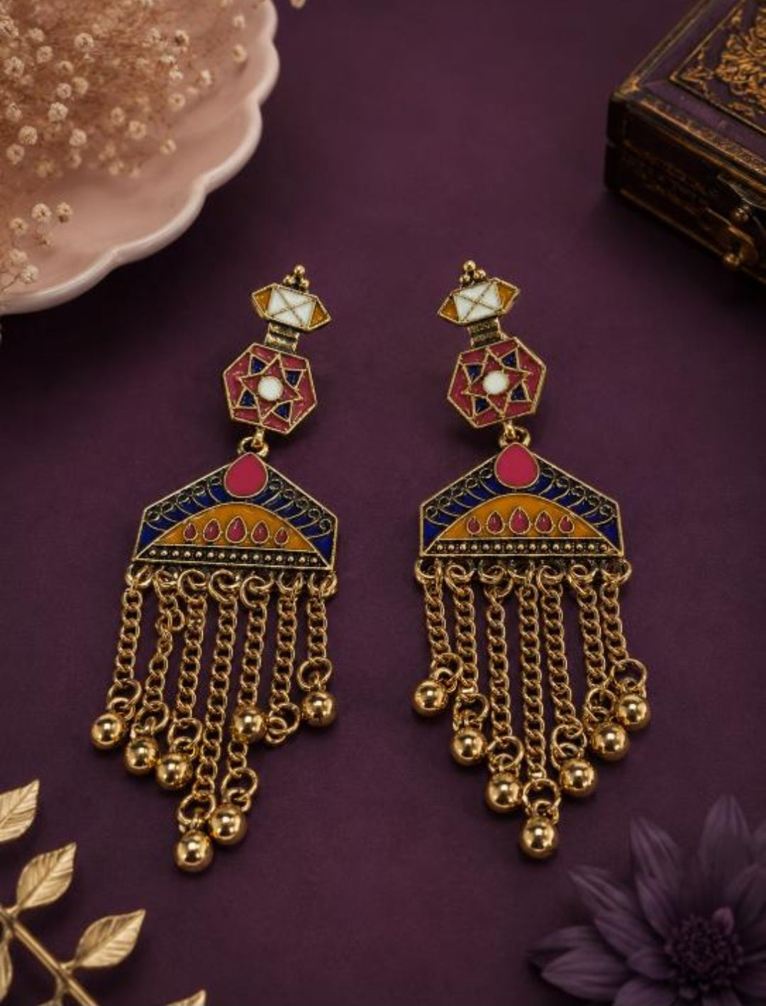 The Geometric Chandelier Cascades An Antique Gold/Silver Plated Dual Coloured Enamel Dangler | AD6818