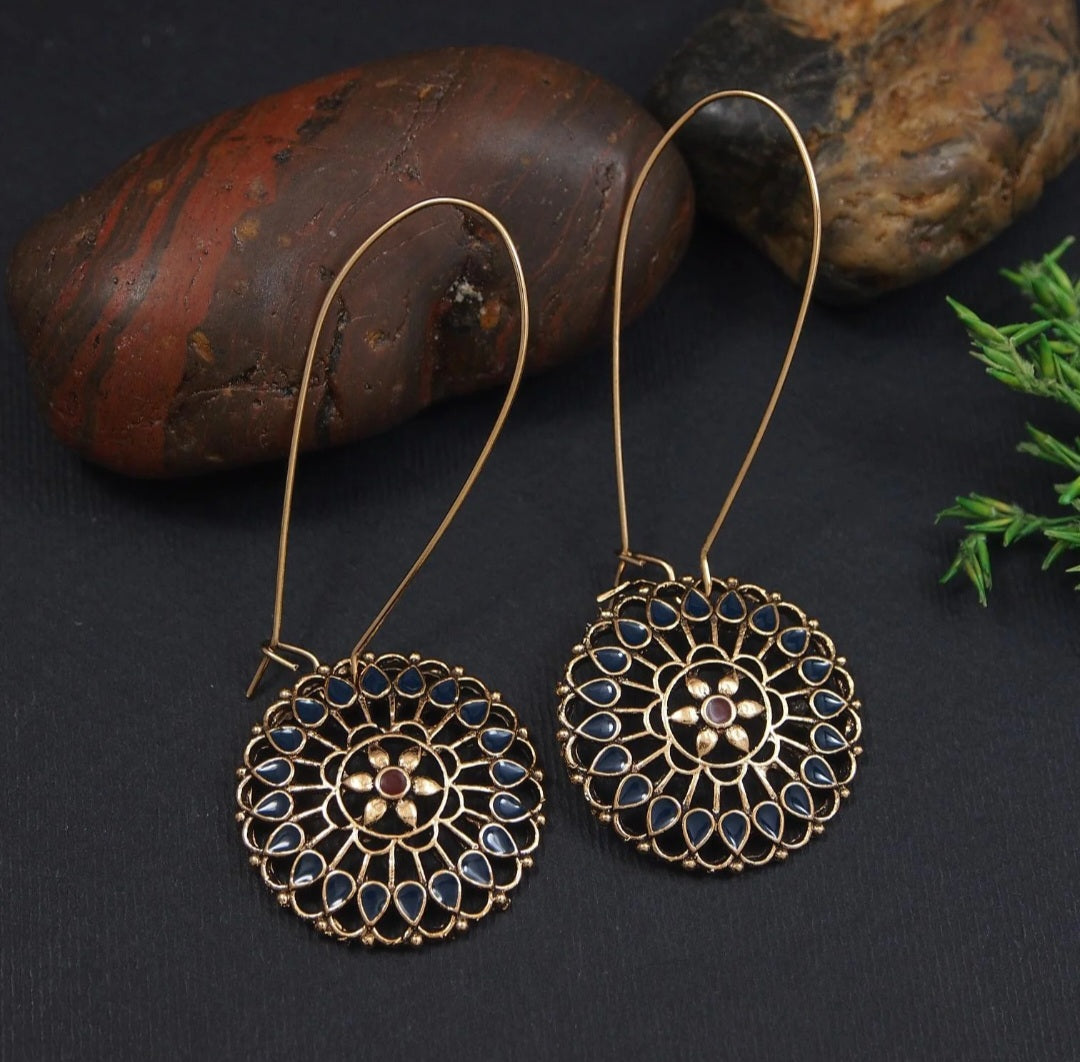 Mandala Bloom Hook Antique Gold Plated Enamel Dangler Earring | AD6585