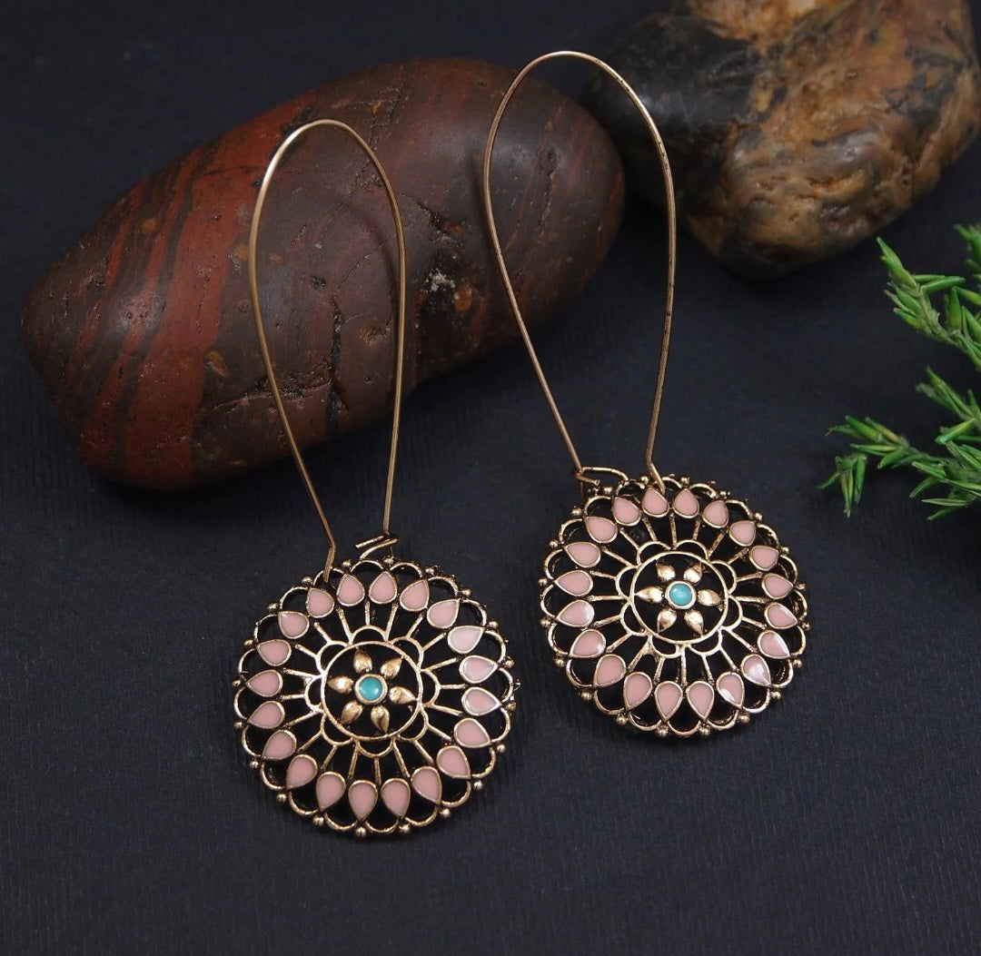 Mandala Bloom Hook Antique Gold Plated Enamel Dangler Earring | AD6585