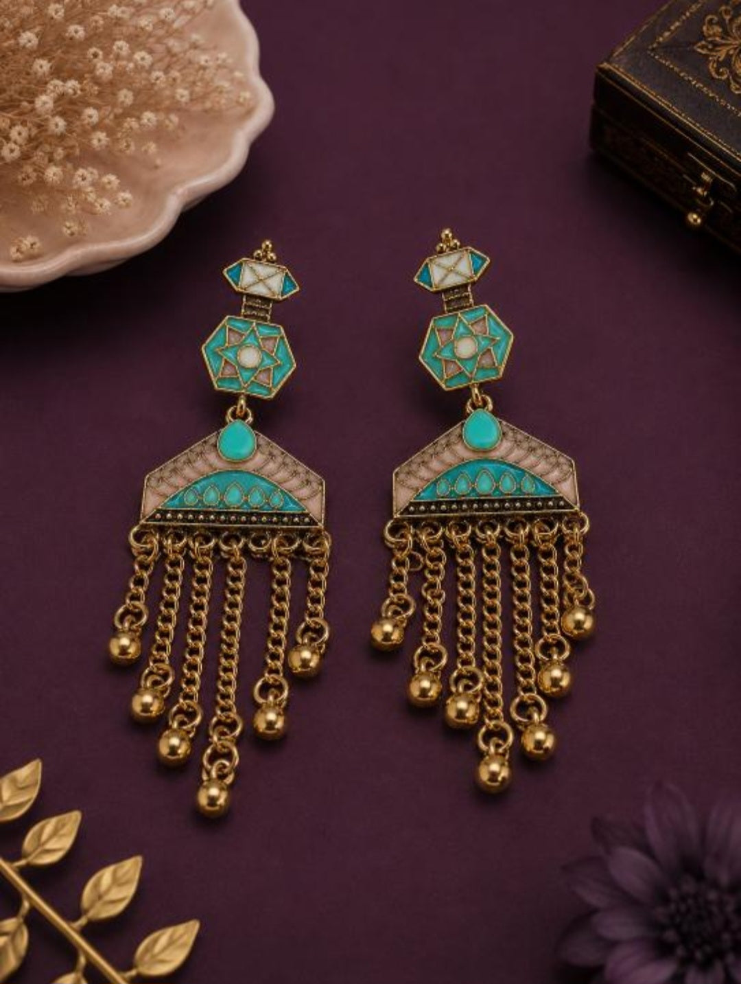 The Geometric Chandelier Cascades An Antique Gold/Silver Plated Dual Coloured Enamel Dangler | AD6818