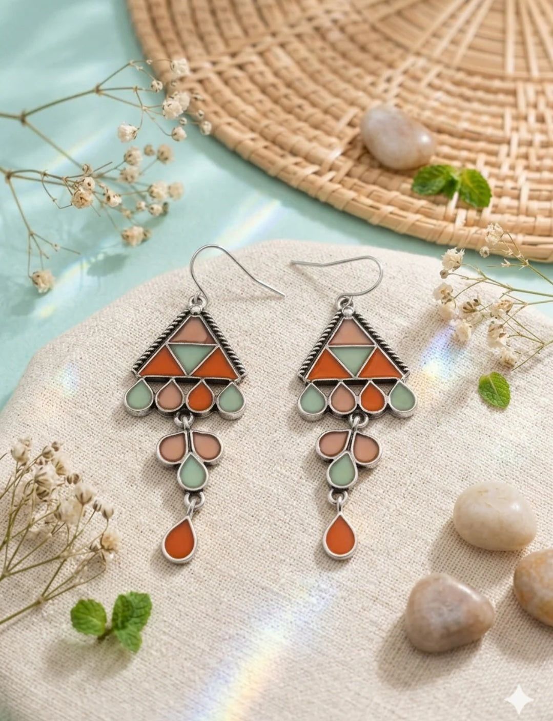 The Mosaic Chevron Drops An Antique Silver Plated Triple Coloured Enamel Dangler|AD6815