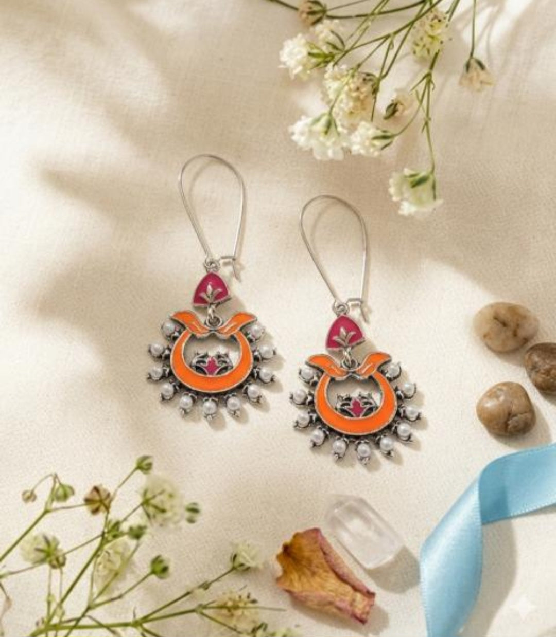 The Crescent Meadow Hoops An Antique Gold/Silver Plated Dual Coloured Enamel Dangler | AD6817