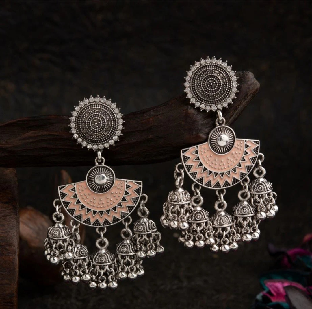 Silver Plated Enamel Artwork Antique Jhumki Earring