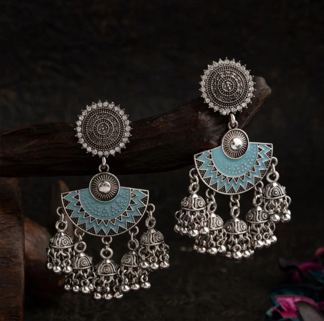 Silver Plated Enamel Artwork Antique Jhumki Earring