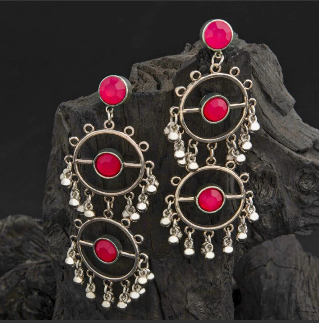 Silver Plated Round Shaped Two Layered Designed Stone Studded With Beads Fashion Antique Earring