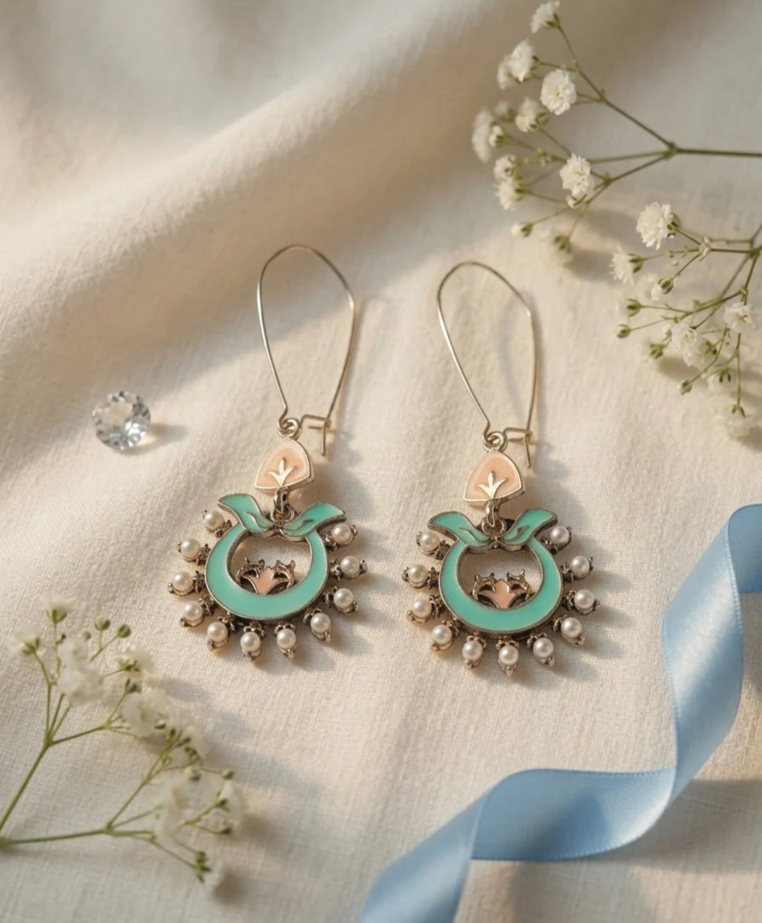 The Crescent Meadow Hoops An Antique Gold/Silver Plated Dual Coloured Enamel Dangler | AD6817