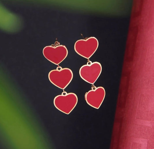 Stainless Steel Rosegold Plated Three Red Hearts Dangle Earring