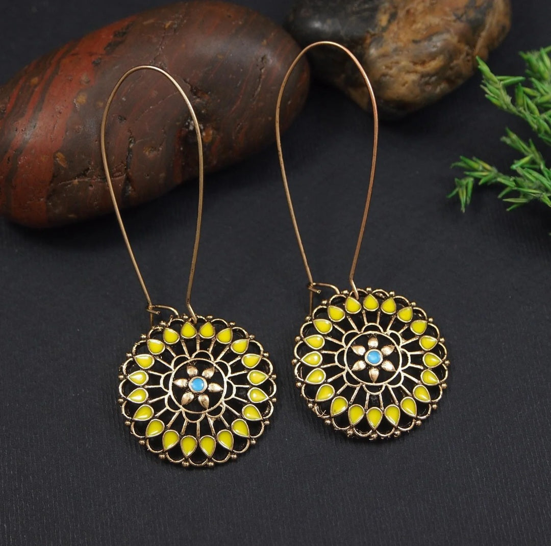 Mandala Bloom Hook Antique Gold Plated Enamel Dangler Earring | AD6585