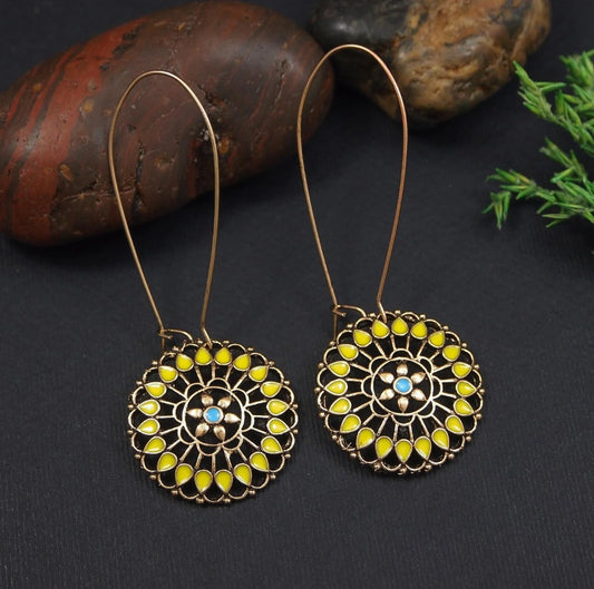 Mandala Bloom Hook Antique Gold Plated Enamel Dangler Earring | AD6585