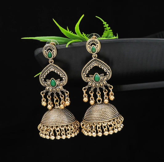 Antique Gold Plated Green Coloured Enamel Dangler Earring