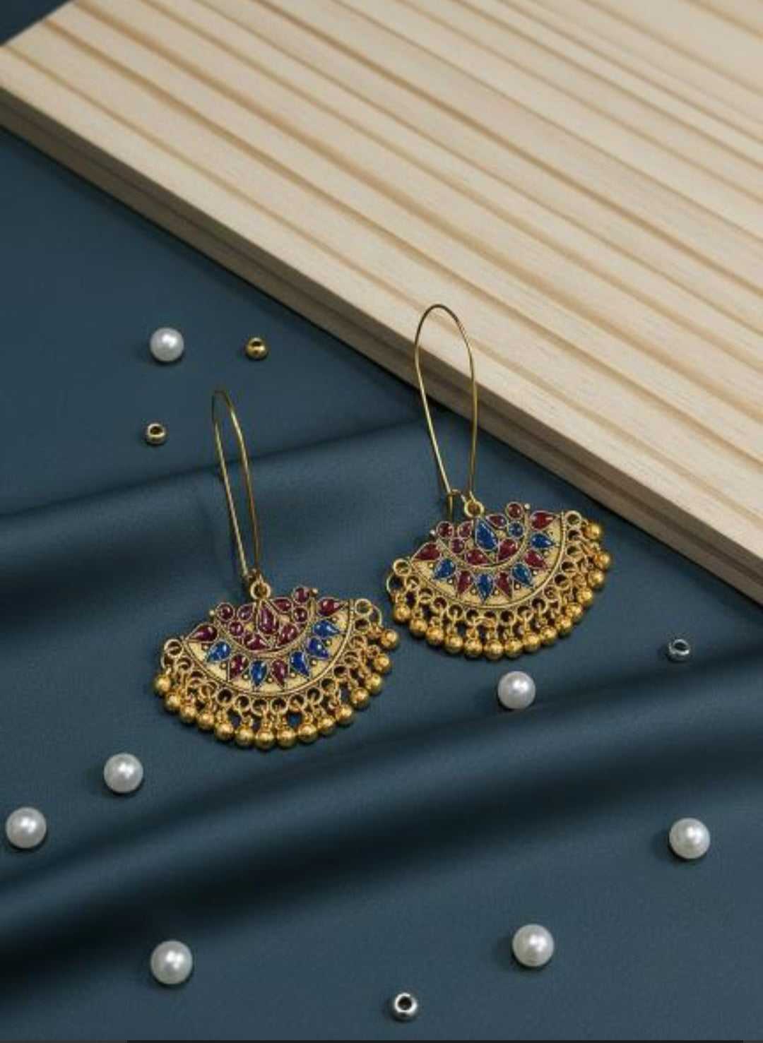 Antique Gold Plated Blue Maroon Coloured Enamel Dangler Earring